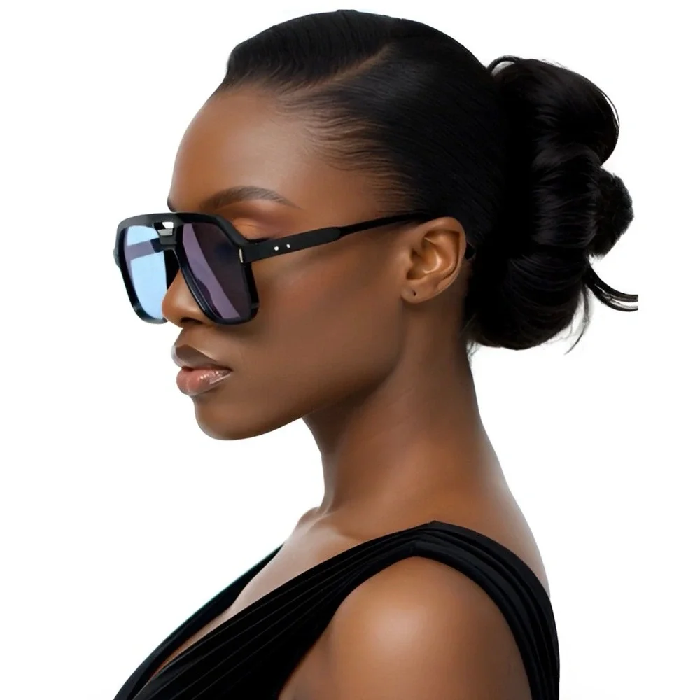 Black Oversize Square Aviator Sunglasses Blue Tinted Lens Flat Top Double Bridge